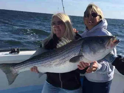 A customer is thrilled to have landed a huge Chesapeake trophy striped bass